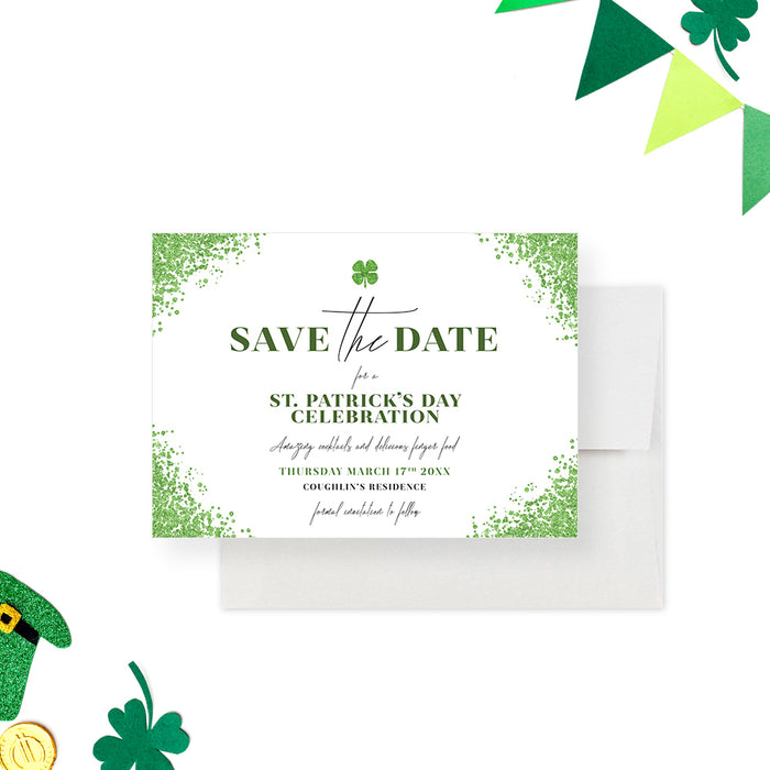 St. Patrick's Day cocktail party save the date card with a green speckled border, four-leaf clover and personalized details-front