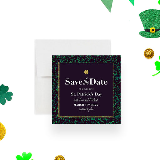 A green and gold save the date card for St. Patrick's Day with a four leaf clover design, displayed on a background with St.