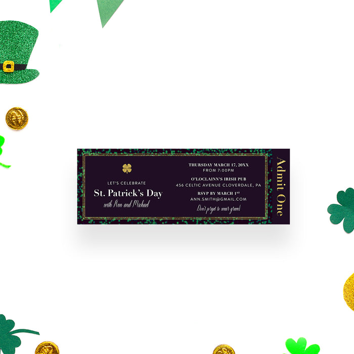 St Patrick’s Day ticket invitation with green and gold design, featuring festive shamrocks and elegant layout, perfect for themed parties and events.