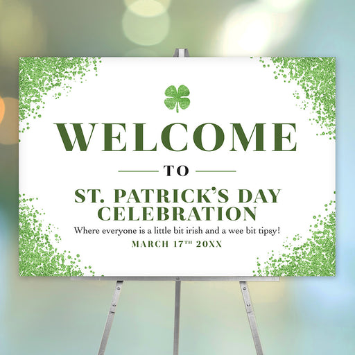 Personalized St. Patrick's Day party welcome sign with a green speckled border, four-leaf clover and custom celebration details