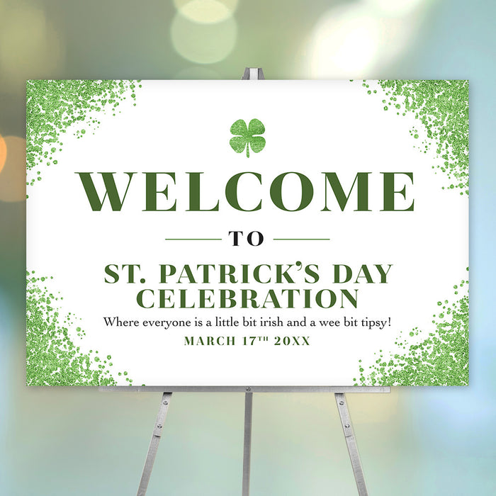 Personalized St. Patrick's Day party welcome sign with a green speckled border, four-leaf clover and custom celebration details