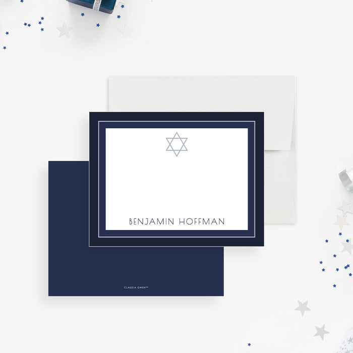 Star of David Bar and Bat Mitzvah Thank You Cards. Front and matching navy back displayed with a white envelope.