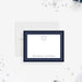 Personalized note card with a white front with a navy and printed silver frame, Star of David, and personalized name. Shown with a white envelope.