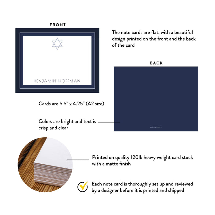 Product details for star of david bar and bat mitzvah thank you cards: front and back designs, A2 size, matte cardstock, and design proof.