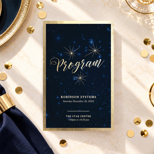 Navy blue and gold gala event program template with a starry night background, gold script lettering, and a gold border