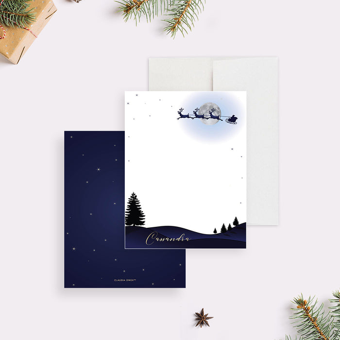 Santa Claus Note Cards, Christmas Thank You Cards with Starry Night Sky, Personalized Santa Sleigh Correspondence Card