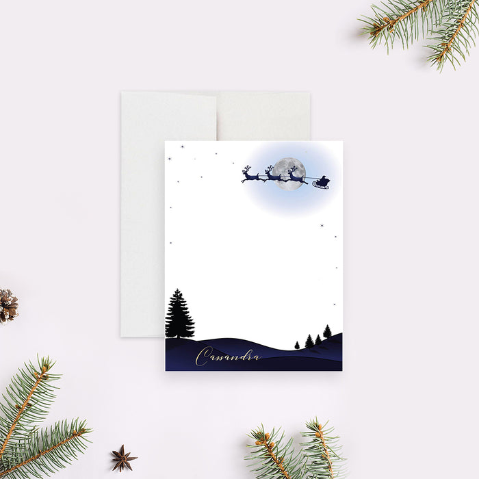 Santa Claus Note Cards, Christmas Thank You Cards with Starry Night Sky, Personalized Santa Sleigh Correspondence Card