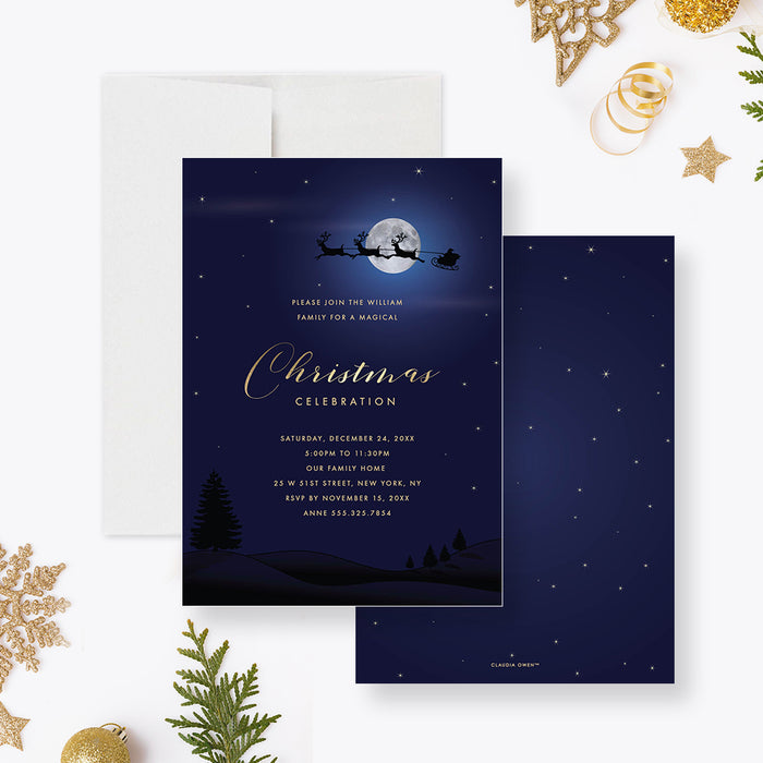 Santa Sleigh Christmas Party Invitations, Unique Santa Claus Holiday Party Invites, Family Christmas Gathering Invites