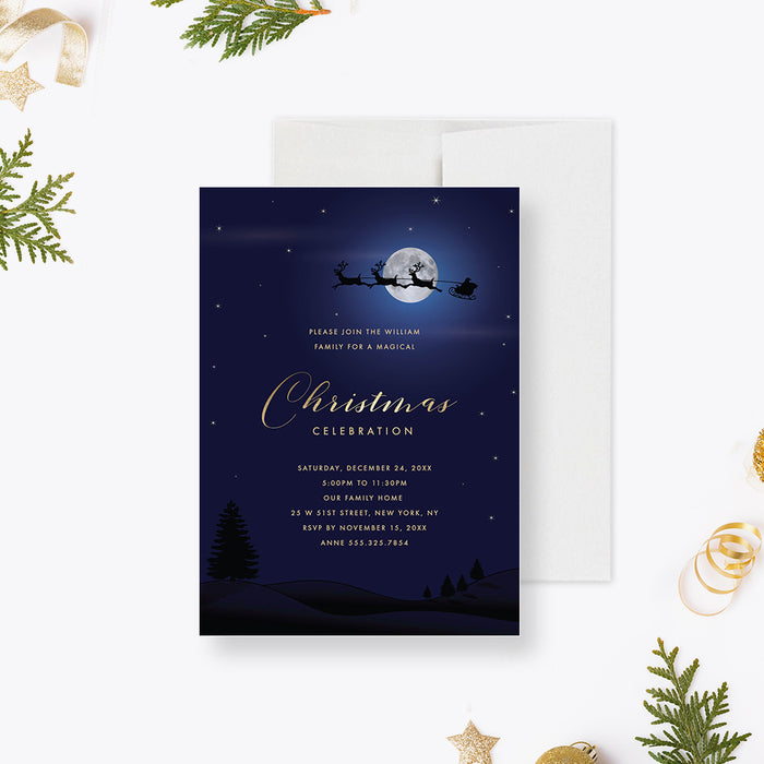 Santa Sleigh Christmas Party Invitations, Unique Santa Claus Holiday Party Invites, Family Christmas Gathering Invites