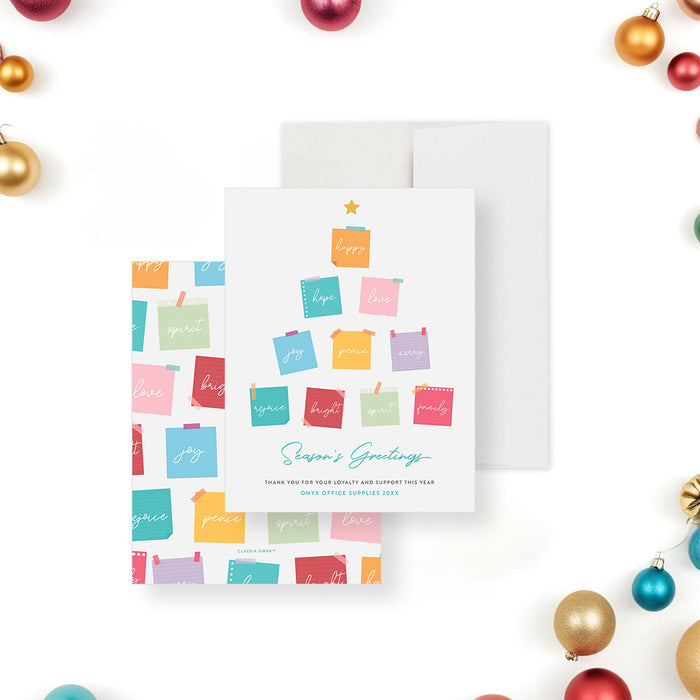 holiday greeting card with a colorful sticky note Christmas tree with festive seasonal words and modern office-inspired design-front-back