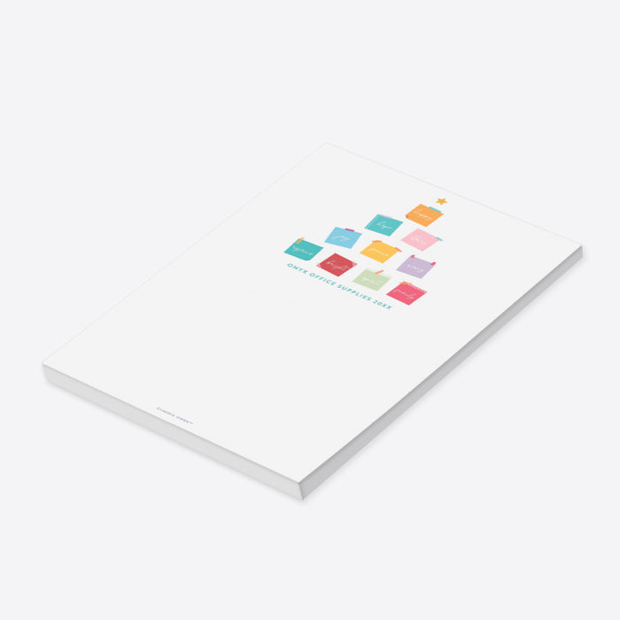 personalized Christmas notepad with a colorful sticky note Christmas tree with festive holiday words and modern office theme-side