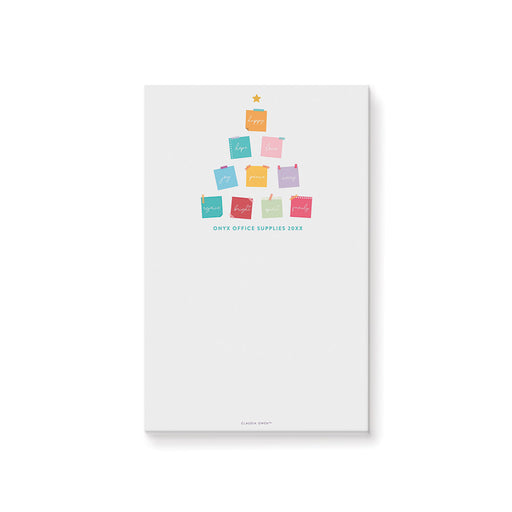 personalized Christmas notepad with a colorful sticky note Christmas tree with festive holiday words and modern office theme