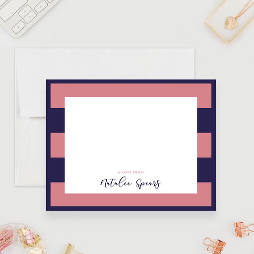 Personalized modern striped note card with navy and dusty rose stripes and name