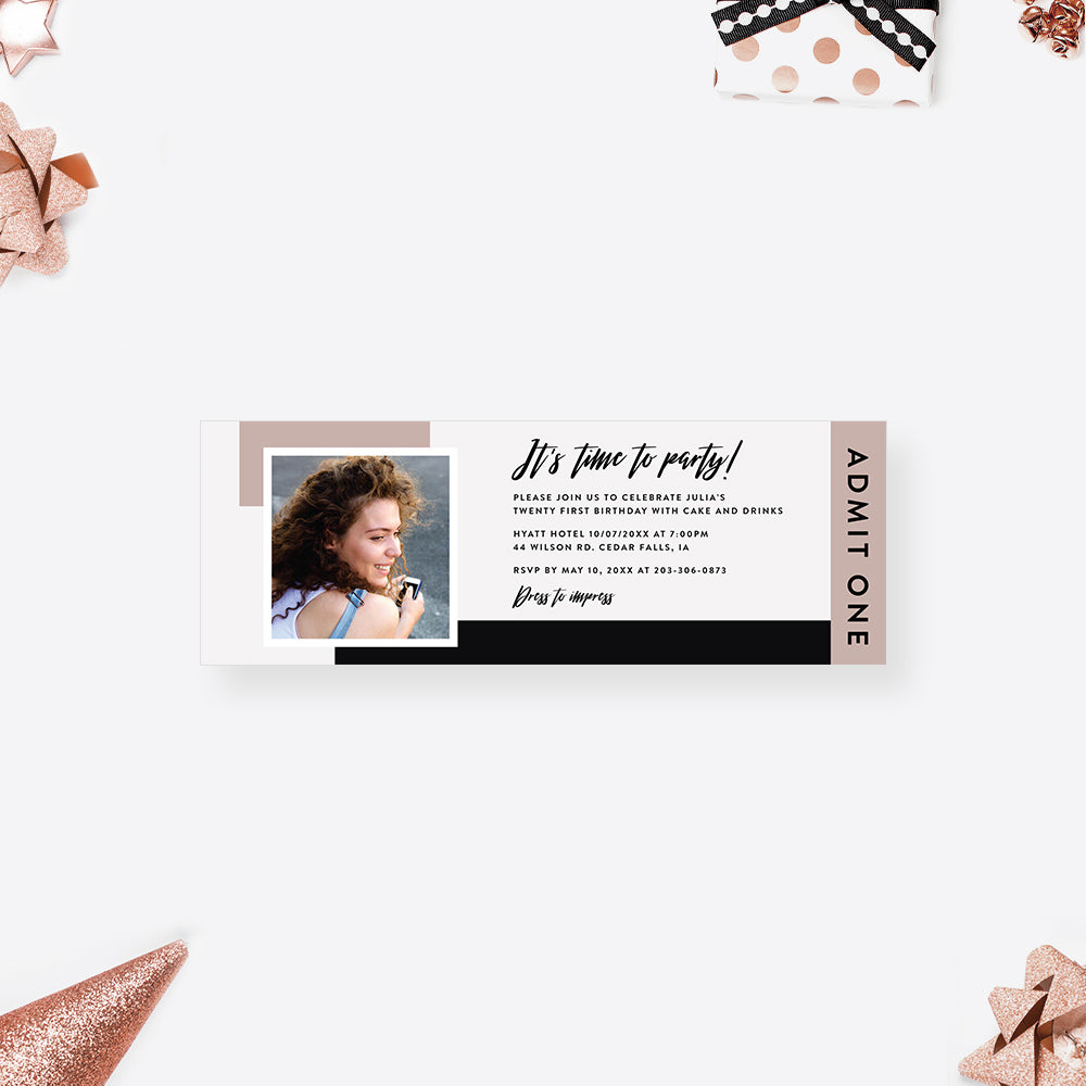 Stylish Birthday Photo Ticket Invitation for Young Adults, Fashionable