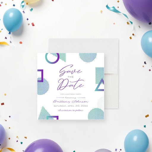 Birthday save the date card with purple and teal geometric shapes, modern pattern details, and elegant script text-front