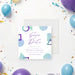 Birthday save the date card with purple and teal geometric shapes, modern pattern details, and elegant script text-front
