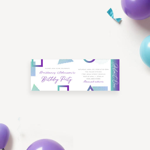 Birthday ticket invitation with purple and teal geometric shapes, modern design, and admit one layout.