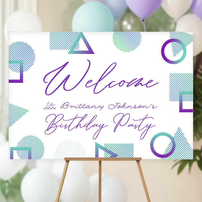 Birthday welcome sign with purple and teal geometric shapes and modern script text for a stylish party entrance
