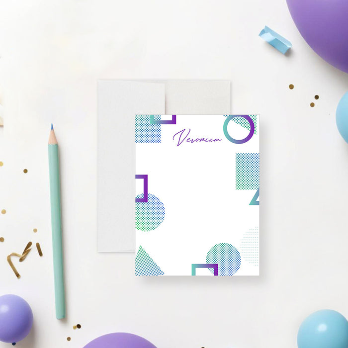 Personalized note card with purple and teal geometric shapes and custom name on a clean modern layout-front