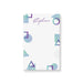 Personalized notepad with purple and teal geometric shapes and custom name in elegant script.