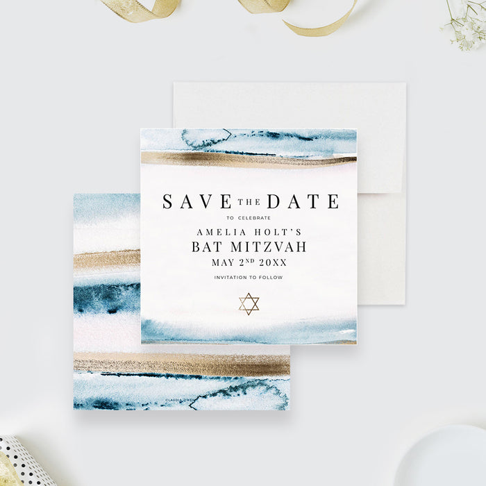 Beach Bat Mitzvah Invitation Card with Golden Star of David, Summer Invitations for Jewish Birthday Party