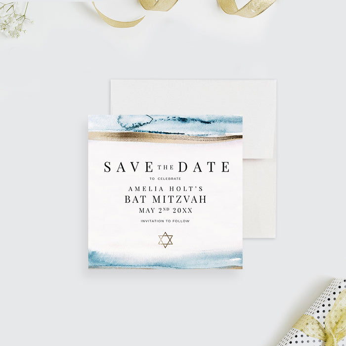 Beach Bat Mitzvah Save the Date Card with Golden Star of David, Summer Jewish Birthday Save the Dates, Nautical Save the Dates for Jewish Bday Party