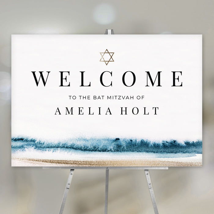 Beach Bat Mitzvah welcome sign with watercolor ocean waves, golden sands, and a Star of David, perfect for synagogue entrances or Jewish celebration décor.