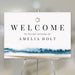 Beach Bat Mitzvah welcome sign with watercolor ocean waves, golden sands, and a Star of David, perfect for synagogue entrances or Jewish celebration décor.