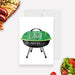 Summer cookout BBQ invitation with a green and black watercolor grill illustration on white.