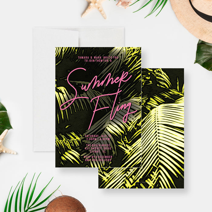 Summer Fling Invitation Card with Palm Leaves, Tropical Nights Bachelorette Weekend Invitations, Summer Patio Party Invites