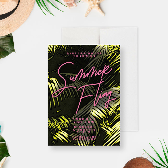 Summer Fling Invitation Card with Palm Leaves, Tropical Nights Bachelorette Weekend Invitations, Summer Patio Party Invites