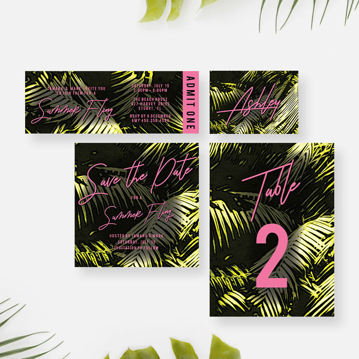 Summer Fling Invitation Card with Palm Leaves, Tropical Nights Bachelorette Weekend Invitations, Summer Patio Party Invites