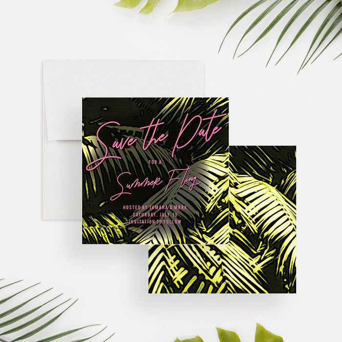 Summer Fling Save the Date Card with Palm Leaves, Tropical Nights Bachelorette Save the Dates, Summer Bridal Shower Save the Date Invites