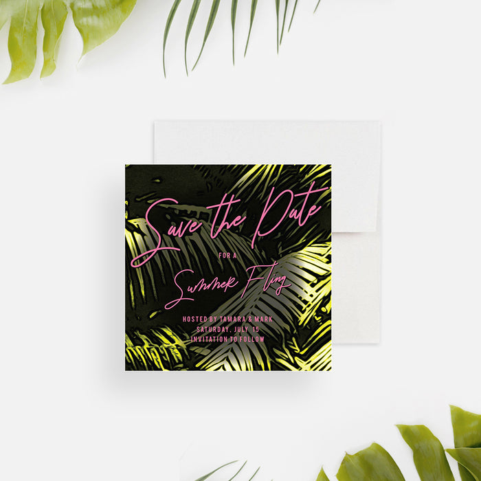 Summer Fling Save the Date Card with Palm Leaves, Tropical Nights Bachelorette Save the Dates, Summer Bridal Shower Save the Date Invites