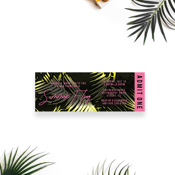 Summer Fling Ticket Invitation Card with Palm Leaves, Tropical Bachelorette Party Ticket Invites, Summer Nights Tickets