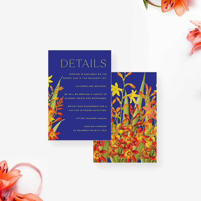 Floral Summer Soiree Invitation Card with Lily Flower Illustrations and Royal Blue Background, Spring Garden Party Invitations