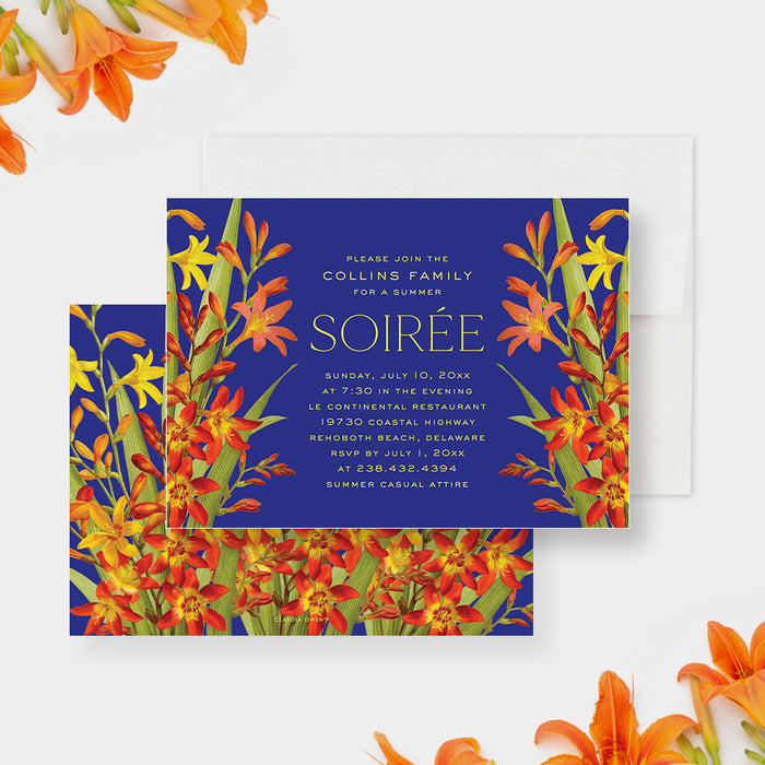 Floral Summer Soiree Invitation Card with Lily Flower Illustrations and Royal Blue Background, Spring Garden Party Invitations