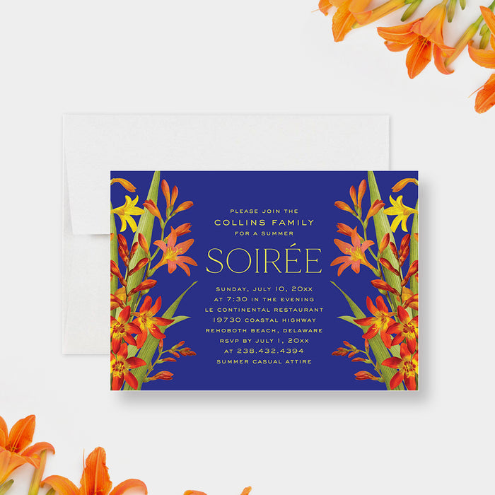 Floral Summer Soiree Invitation Card with Lily Flower Illustrations and Royal Blue Background, Spring Garden Party Invitations