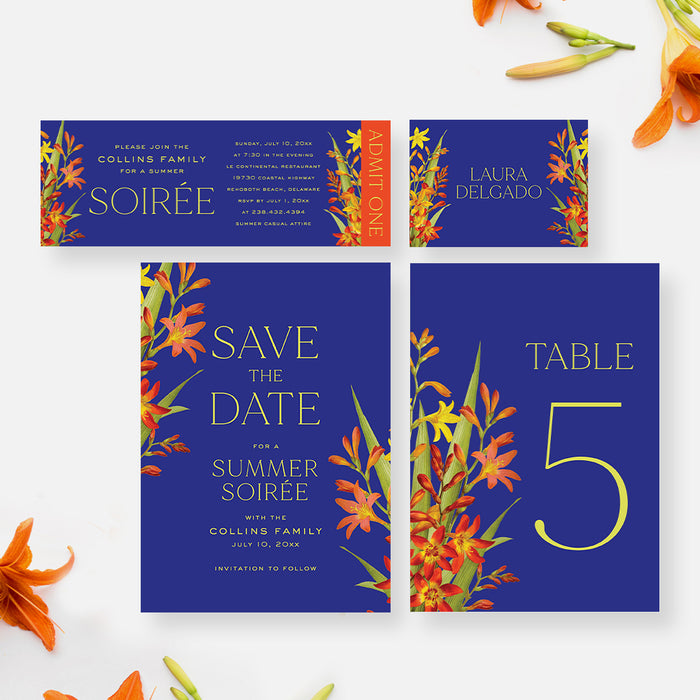 Floral Summer Soiree Invitation Card with Lily Flower Illustrations and Royal Blue Background, Spring Garden Party Invitations