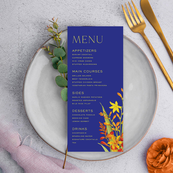 Floral Summer Soiree Invitation Card with Lily Flower Illustrations and Royal Blue Background, Spring Garden Party Invitations