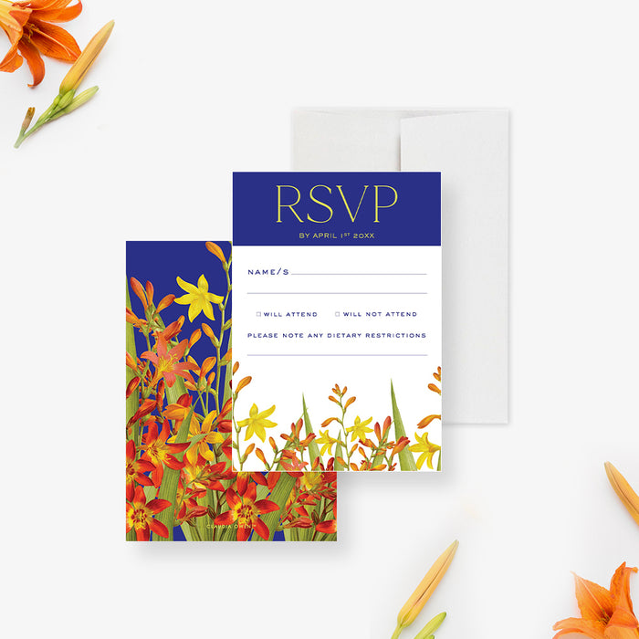 Floral Summer Soiree Invitation Card with Lily Flower Illustrations and Royal Blue Background, Spring Garden Party Invitations