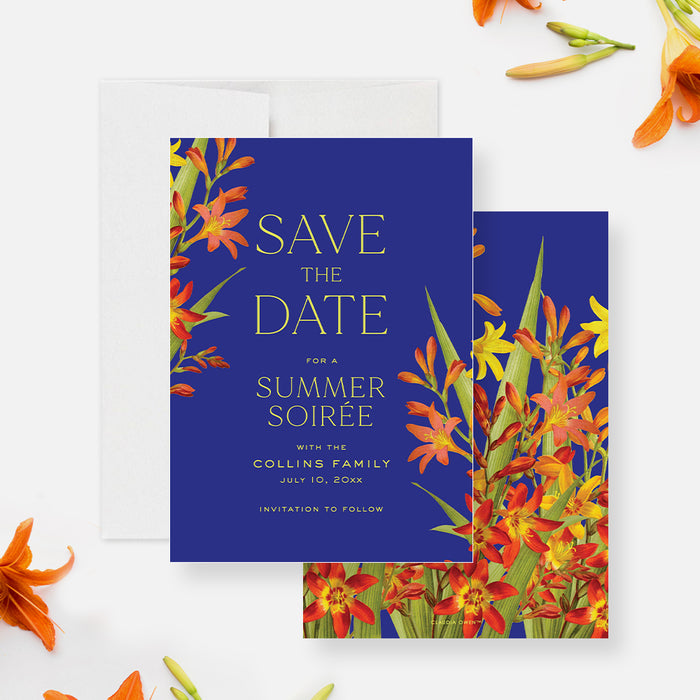 Floral Summer Soiree Invitation Card with Lily Flower Illustrations and Royal Blue Background, Spring Garden Party Invitations