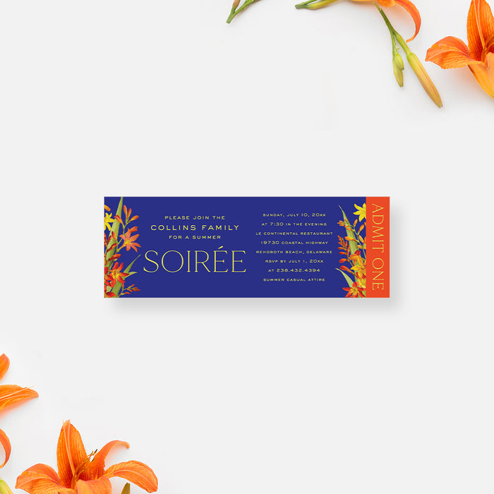 Floral Summer Soiree Ticket Invitation with Lily Flower Illustrations and Royal Blue Background, Summer Cocktail Party Ticket Invites, Spring Brunch Tickets