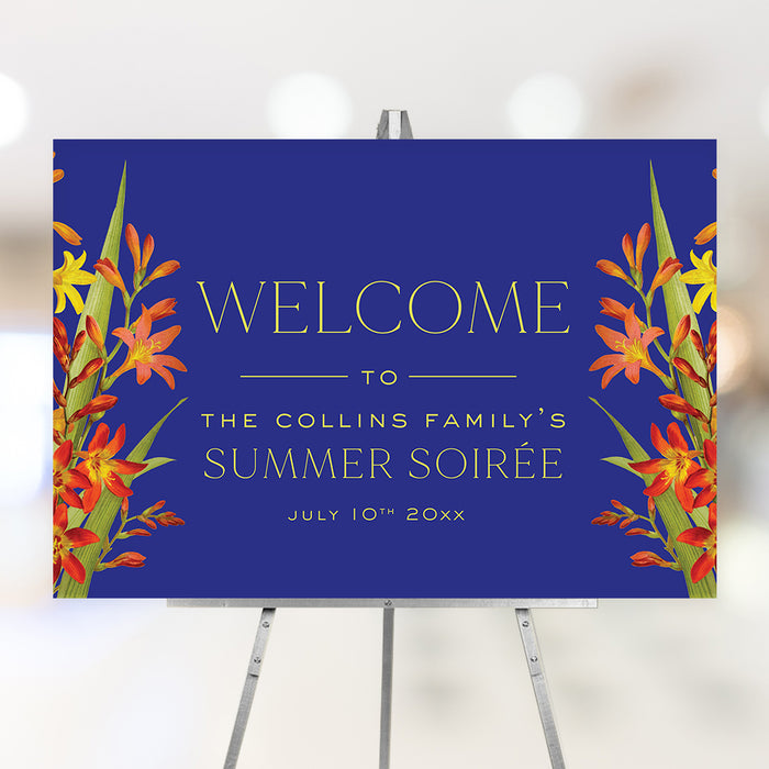 Floral Summer Soiree Invitation Card with Lily Flower Illustrations and Royal Blue Background, Spring Garden Party Invitations