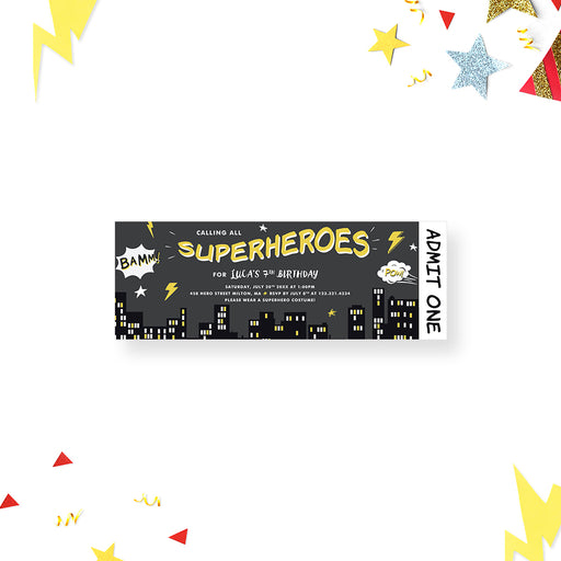 Superhero ticket-style birthday invitation with comic graphics, city skyline, and “Admit One” design for a kids party.