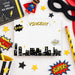 Kids superhero note card with cityscape and comic book design