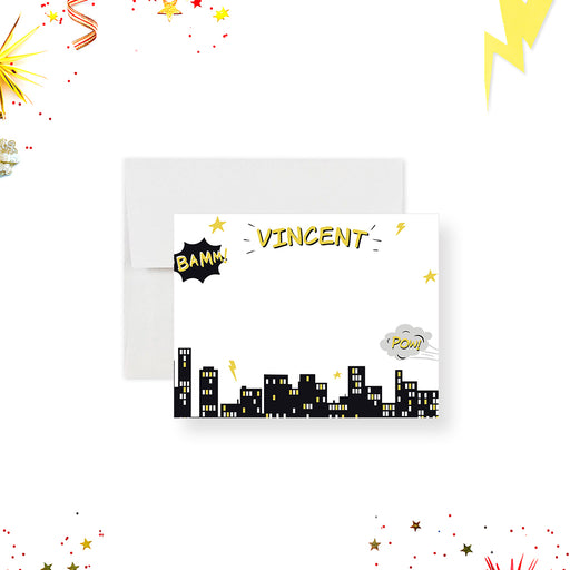 Personalized superhero thank-you card for boys with comic graphics