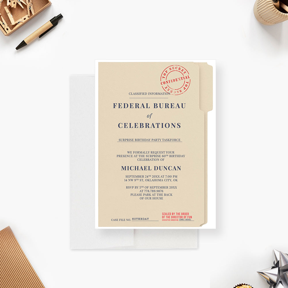 Top Secret Spy Birthday Invitation Detective Party Card for Adults, image size:1000x1000