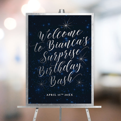 Elegant starry night birthday welcome sign in silver and navy, customized for a surprise birthday celebration.