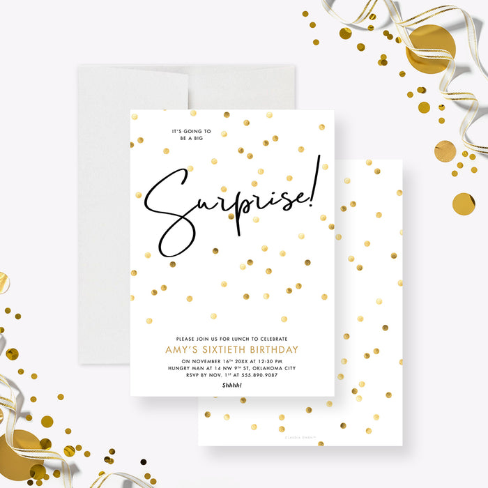 Personalized surprise birthday invitation with gold confetti and modern black script for a 60th birthday party celebration-front-back